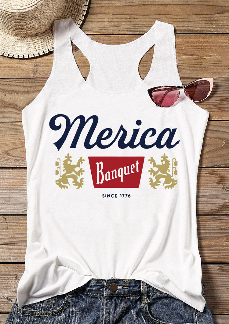 

Tank Tops Merica Banquet Since 1776 Racerback Tank Top in White. Size: ,L