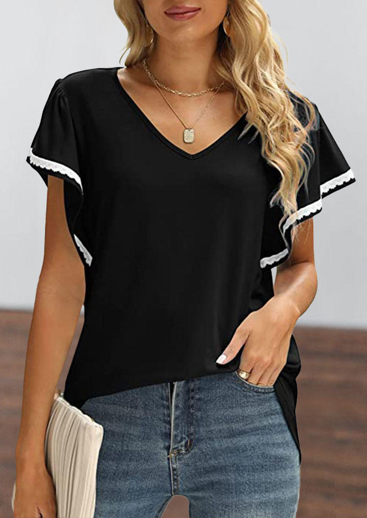 

Blouses Lace V-Neck Blouse in Black. Size: ,M