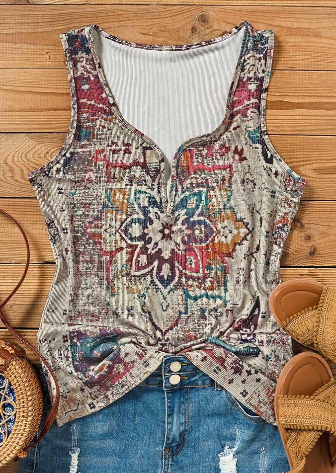 Tank Tops Ethnic Floral Button Casual Tank Top in Multicolor. Size: 2XL,3XL,L,M,S,XL