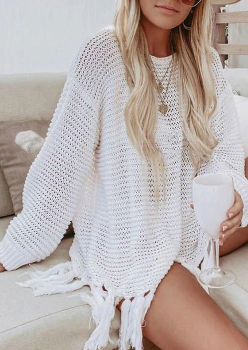 Cover Ups Knitted Tassel O-Neck Cover Up in White. Size: One Size