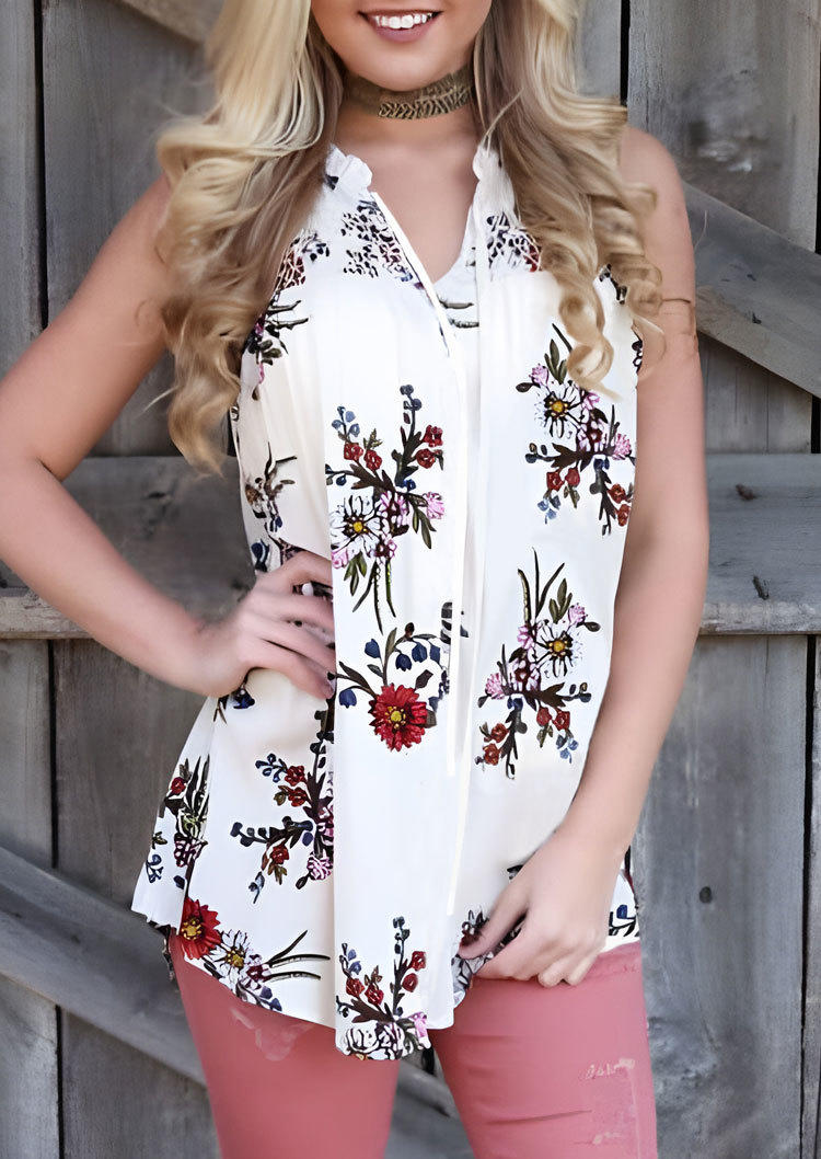 Tank Tops Floral Ruffled Casual Tank Top in White. Size: L,M,S,XL