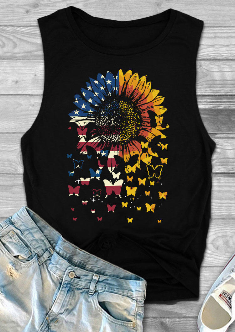

Tank Tops American Flag Sunflower Butterfly Tank Top in Black. Size