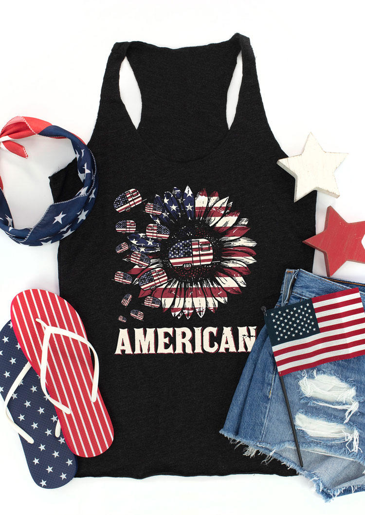 

Tank Tops American Flag Sunflower Racerback Tank Top in Black. Size