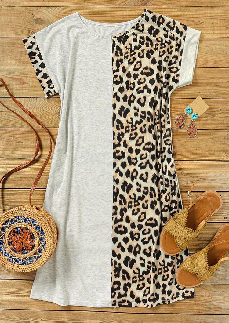 Leopard Color Block Pocket O-Neck Mini Dress