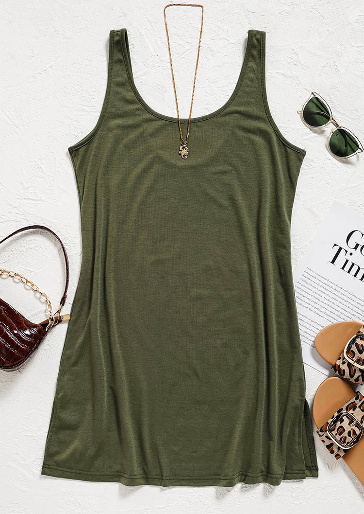 Slit Sleeveless Mini Dress - Army Green