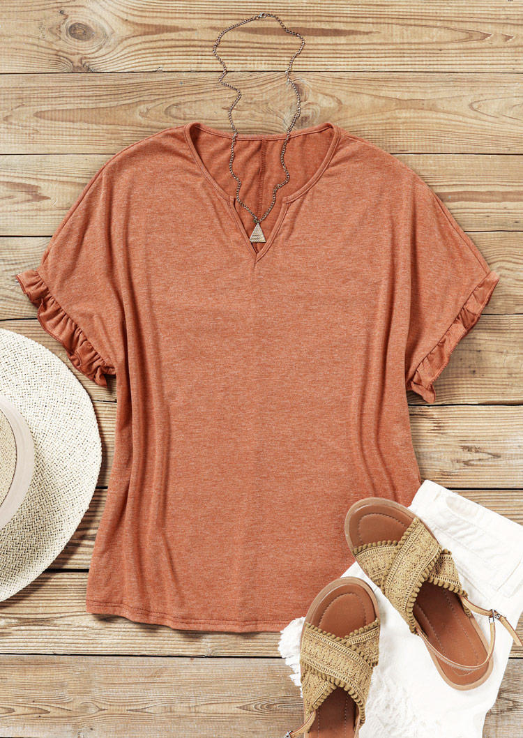 

Blouses Ruffled Notched Neck Blouse in Orange. Size: ,M,L,XL