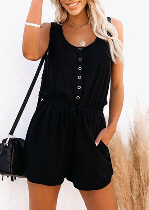 

Jumpsuits & Rompers Snap Button Pocket Drawstring Sleeveless Romper in Black. Size: M