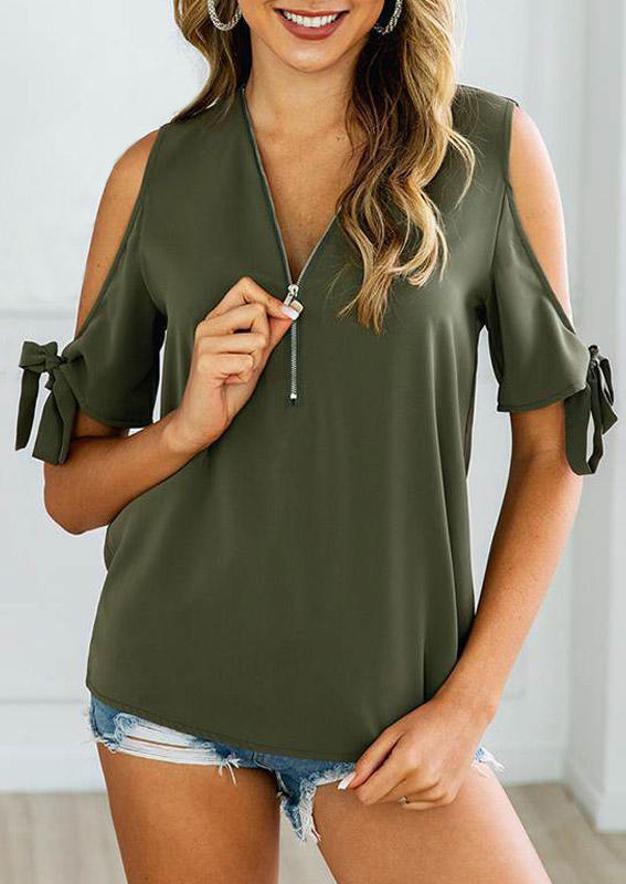 Blouses Zipper Cold Shoulder Tie Blouse in Army Green. Size: S,M,L,XL