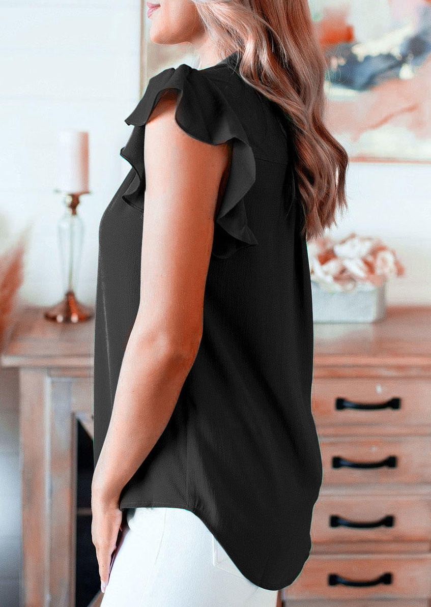 Blouses Ruffled Cap Sleeve Notched Neck Blouse in Black. Size: M