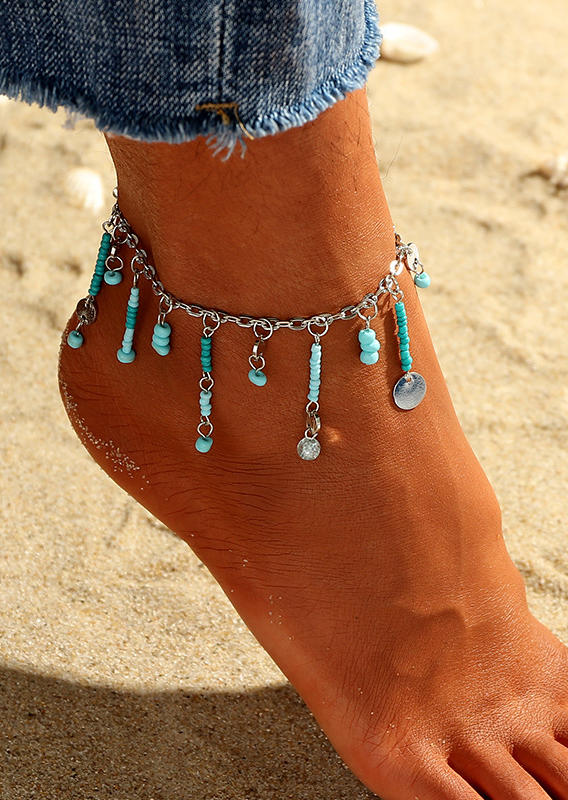 

Body Jewelry Beach Turquoise Beading Tassel Coin Anklet in Cyan. Size