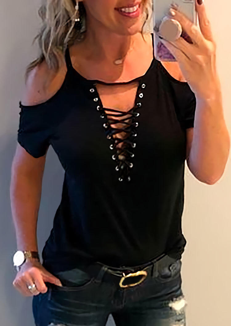 

Blouses Criss-Cross Cold Shoulder Blouse in Black. Size