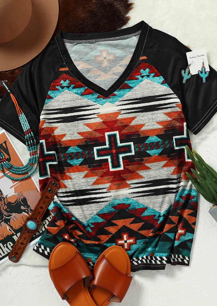 

Blouses Aztec Geometric Cross V-Neck Blouse in Multicolor. Size