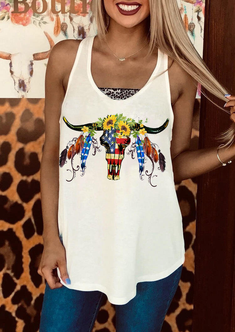 Tank Tops American Flag Steer Skull Sunflower Feather Tank Top in White. Size: S