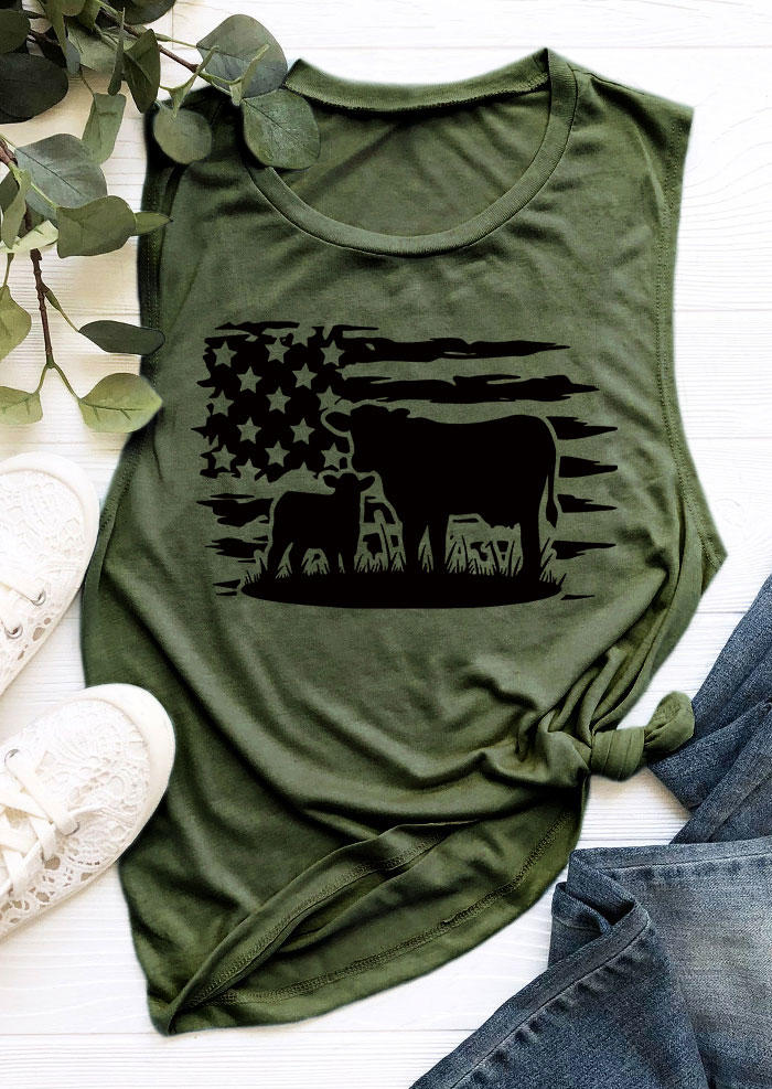 American Flag Cow Farm Tank - Army Green