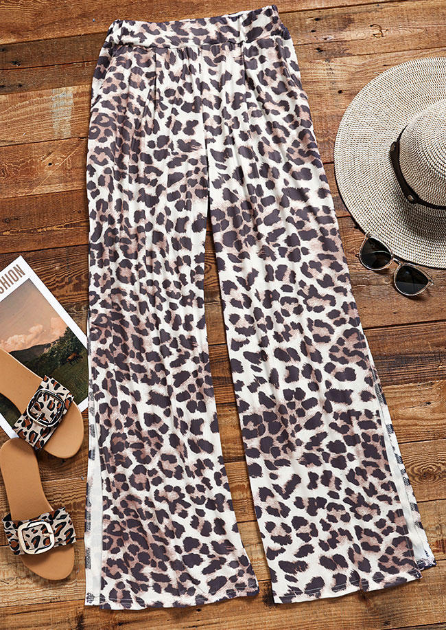 Leopard Pocket Slit Elastic Waist Wide Leg Pants