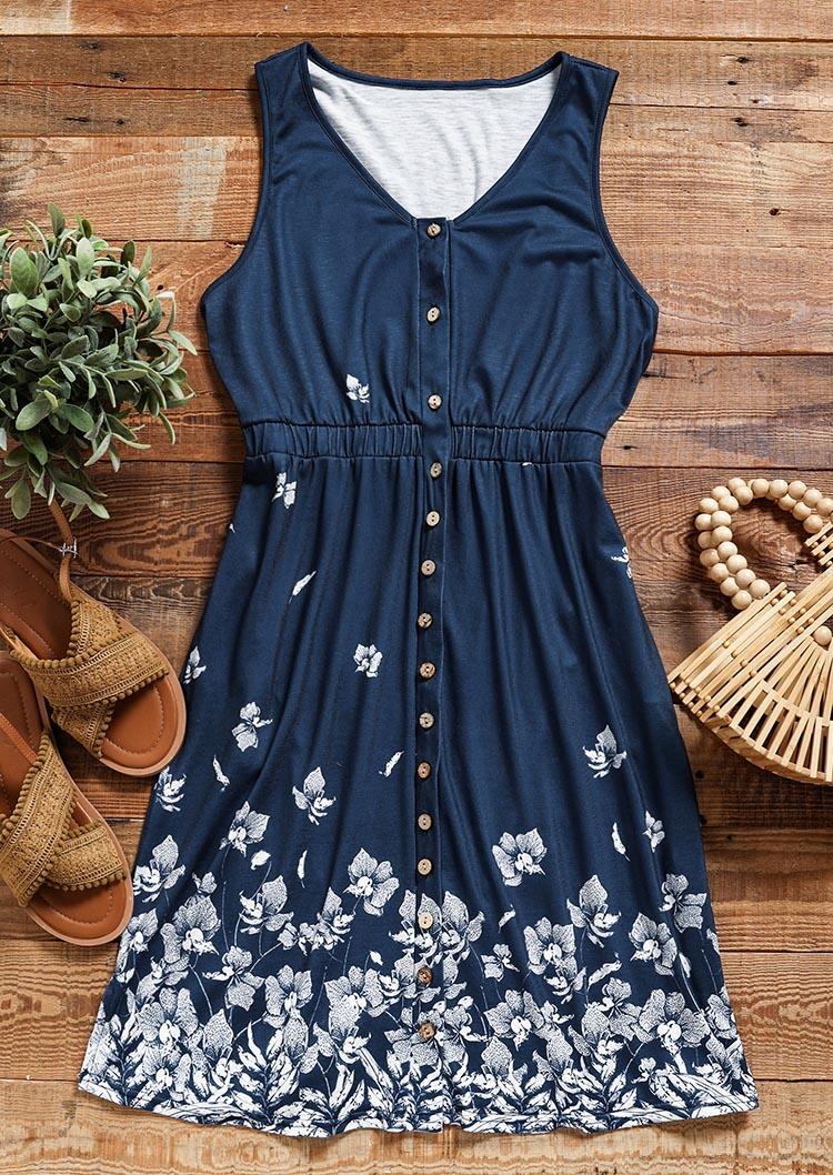 Floral Button Sleeveless Mini Dress - Blue