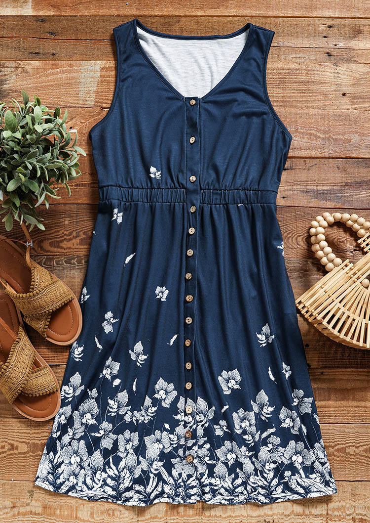Mini Dresses Floral Button Sleeveless Mini Dress in Blue. Size: S