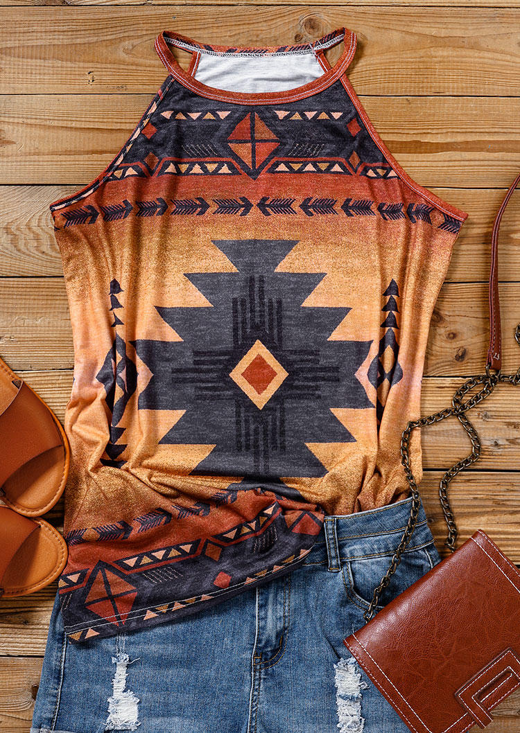 Tank Tops Aztec Geometric Casual Camisole in Brown. Size: S,M,L,XL