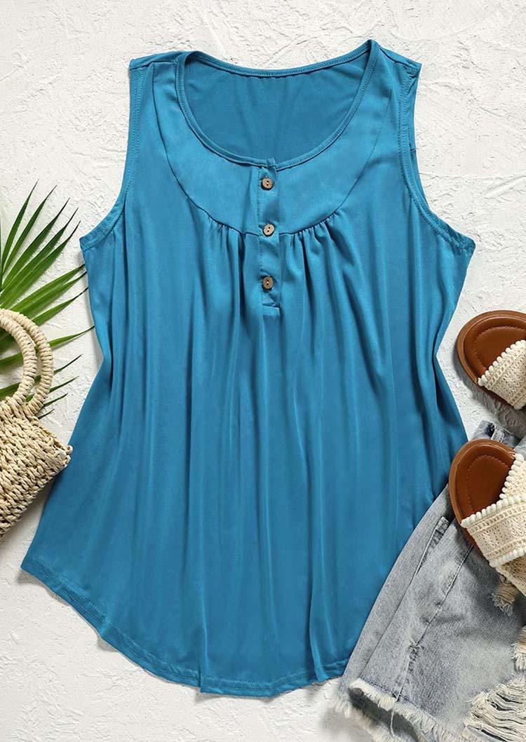 Tank Tops Button Ruffled Casual Tank Top in Blue. Size: L