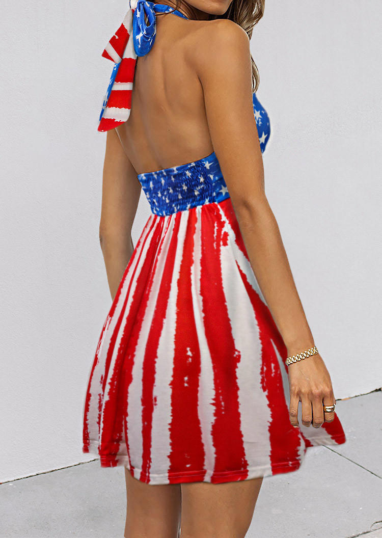 Mini Dresses American Flag Hollow Out Halter Mini Dress in Multicolor. Size: L,M,S