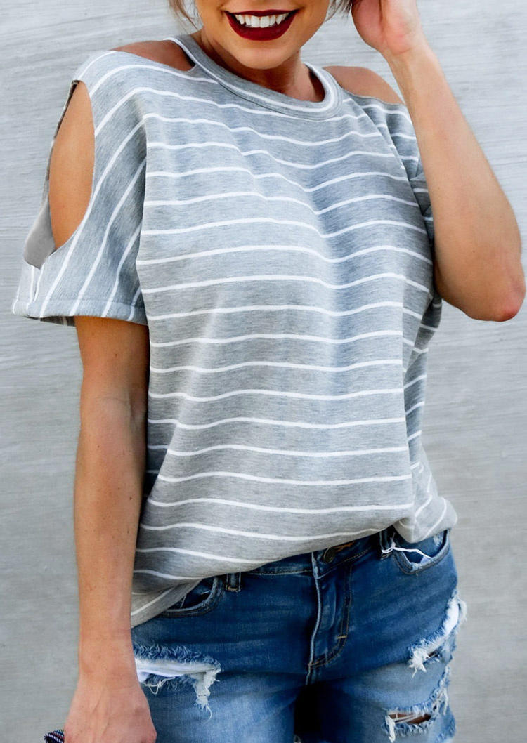 

Blouses Striped Cold Shoulder Casual Blouse in Gray. Size: L,M