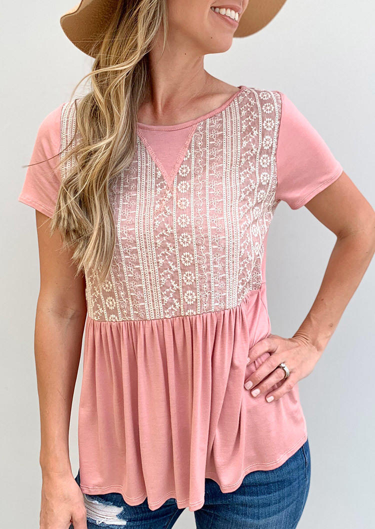 Blouses Lace Short Sleeve O-Neck Blouse in Pink. Size: L,M,S