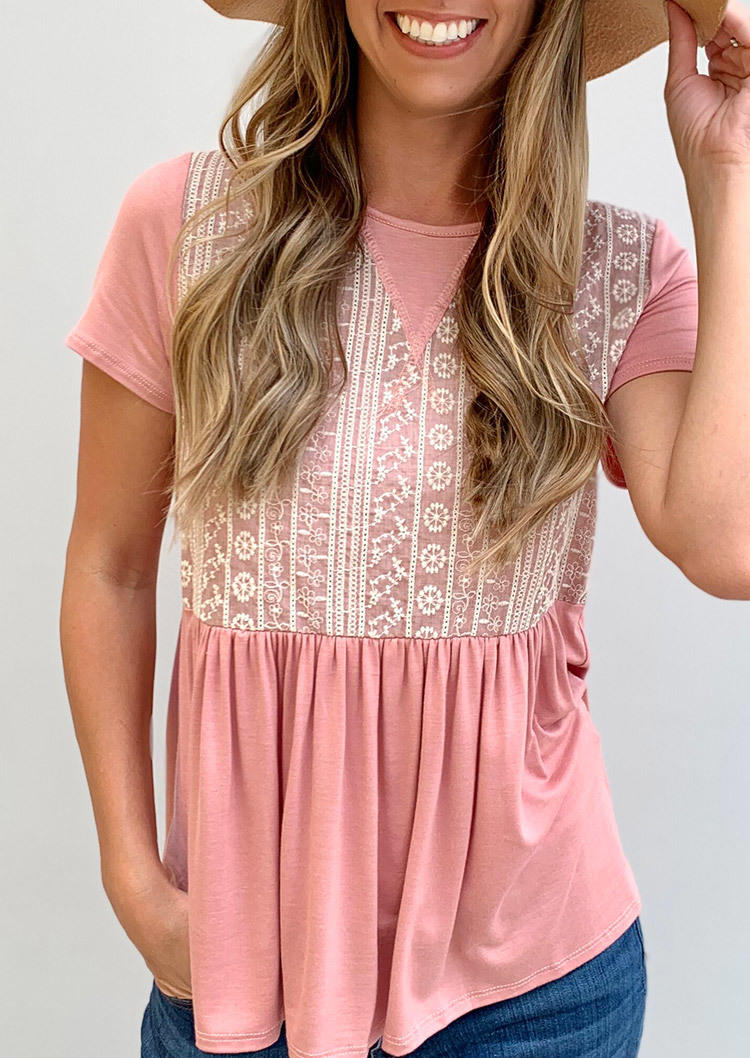 Lace Short Sleeve O-Neck Blouse - Pink