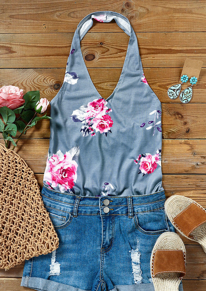 Tank Tops Floral Halter Open Back Camisole - Light Blue in Blue. Size: S