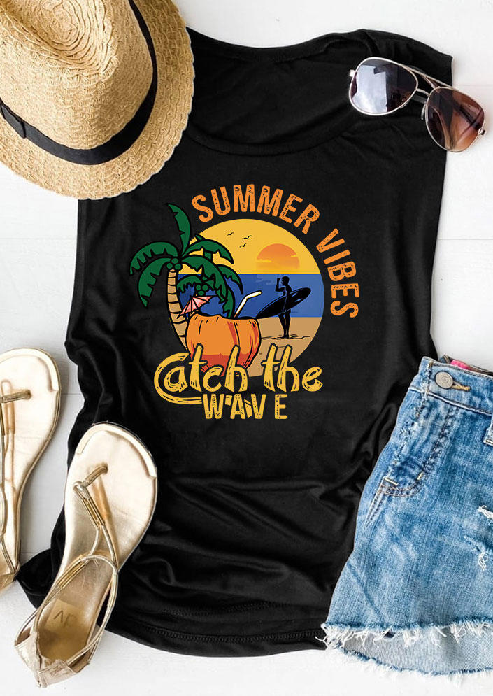 Tank Tops Summer Vibes Catch The Wave Coconut Tree Tank Top in Black. Size: M,XL