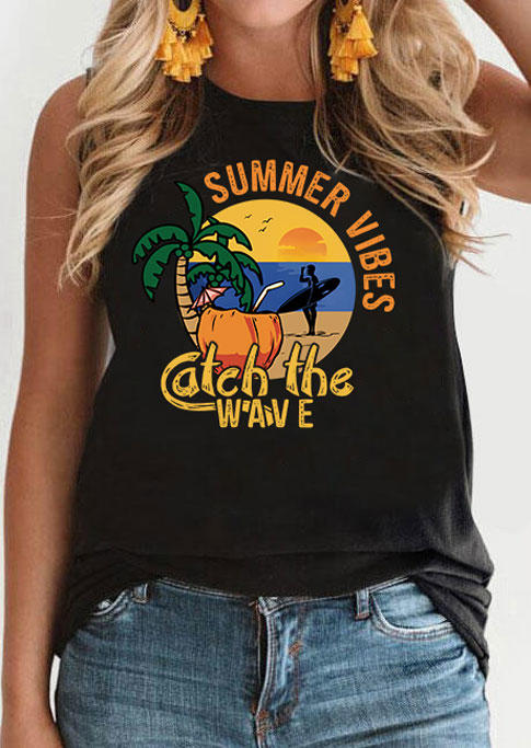 Summer Vibes Catch The Wave Coconut Tree Tank - Black