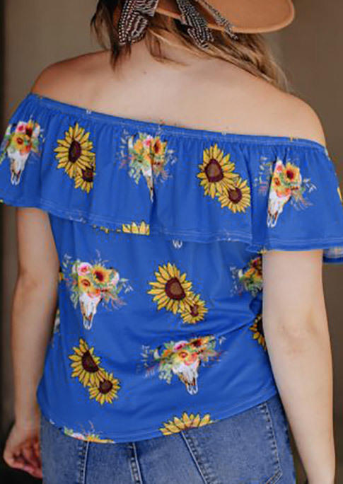 

Blouses Floral Ruffled Off Shoulder Blouse in Blue. Size: L,M,,XL