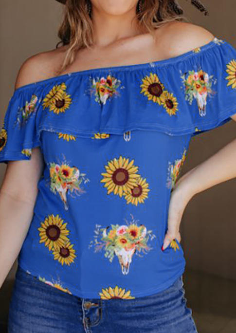 Floral Ruffled Off Shoulder Blouse - Blue