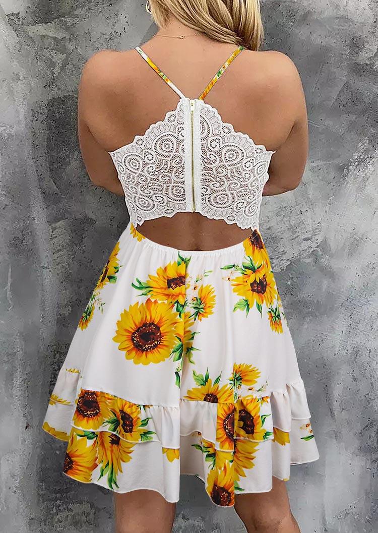 Mini Dresses Sunflower Lace Hollow Out Ruffled Zipper Mini Dress in Multicolor. Size: L,M