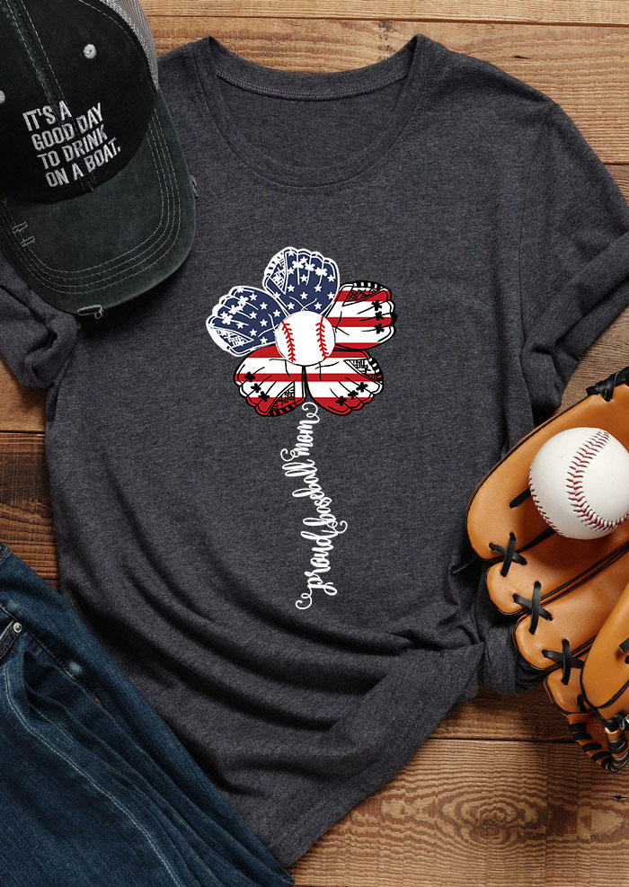 T-shirts Tees Baseball American Flag Floral T-Shirt Tee - Dark Grey in Gray. Size: S