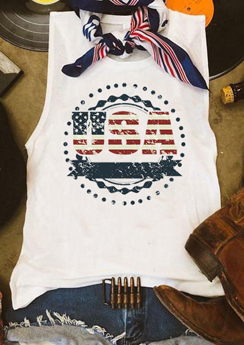

Tank Tops USA American Flag O-Neck Tank Top in White. Size