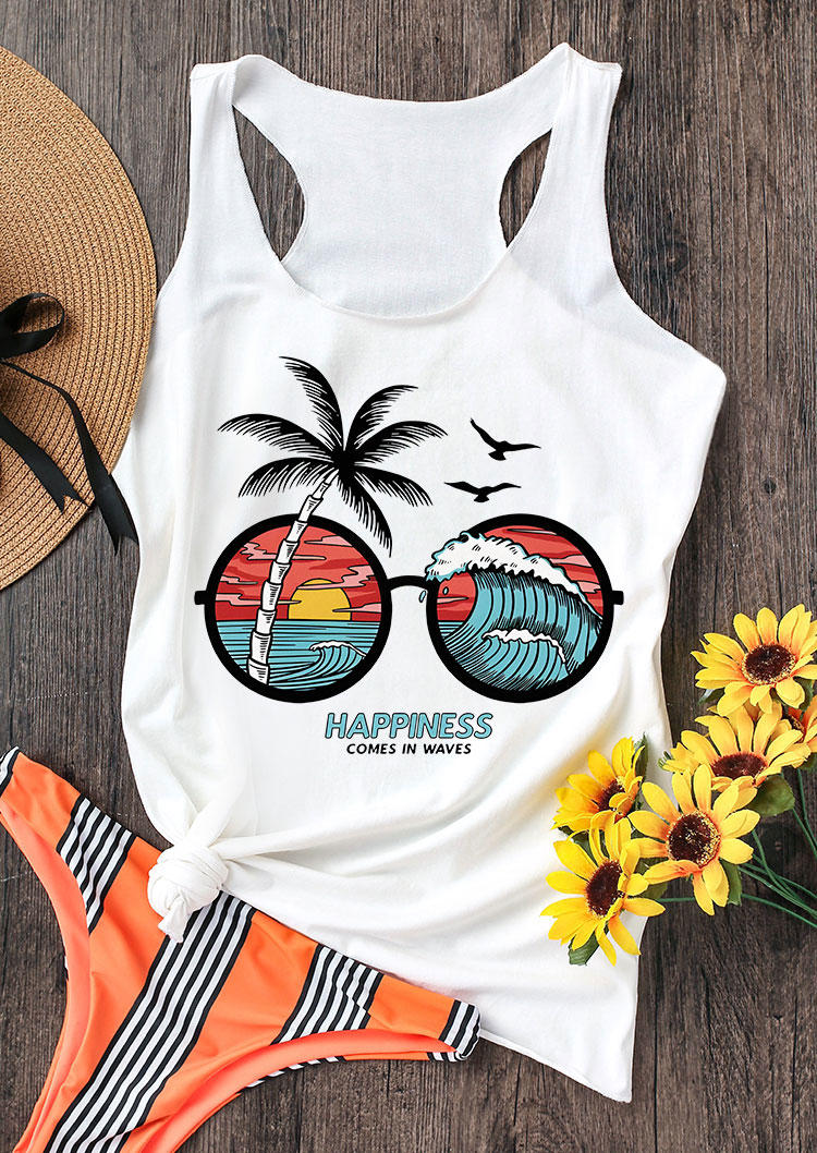 Tank Tops Happiness Comes In Waves Coconut Tree Glasses Racerback Tank Top in White. Size: S,M,L,XL