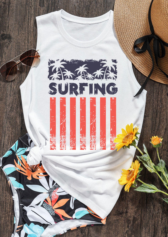 Tank Tops American Flag Surfing Coconut Tree O-Neck Tank Top in White. Size: L,M