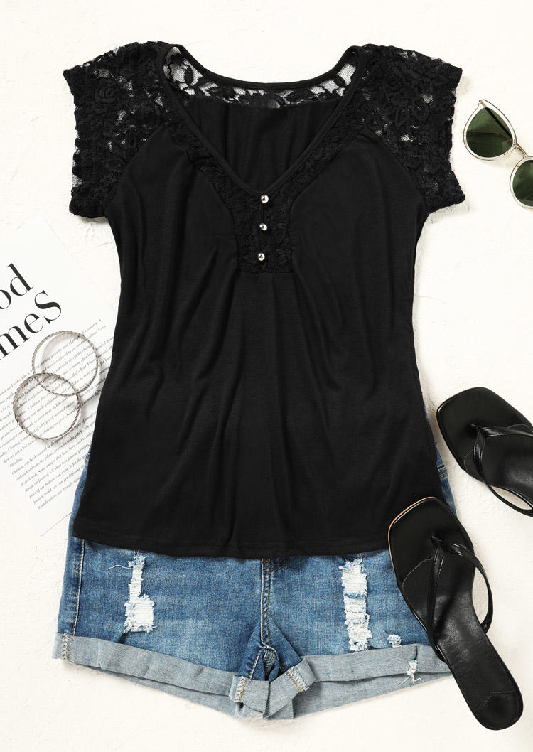 

Blouses Lace Button Short Sleeve Blouse in Black. Size: ,M,L,XL