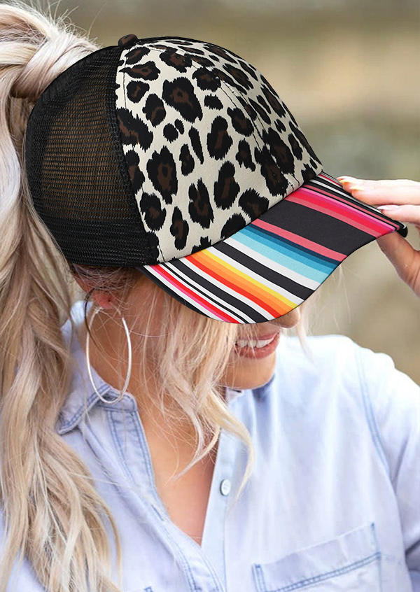 Hats Serape Striped Leopard Ponytail Baseball Cap in Multicolor. Size: One Size