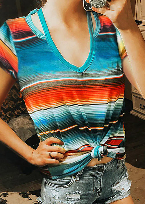 Blouses Colorful Striped Hollow Out Blouse in Multicolor. Size: L,M,S,XL