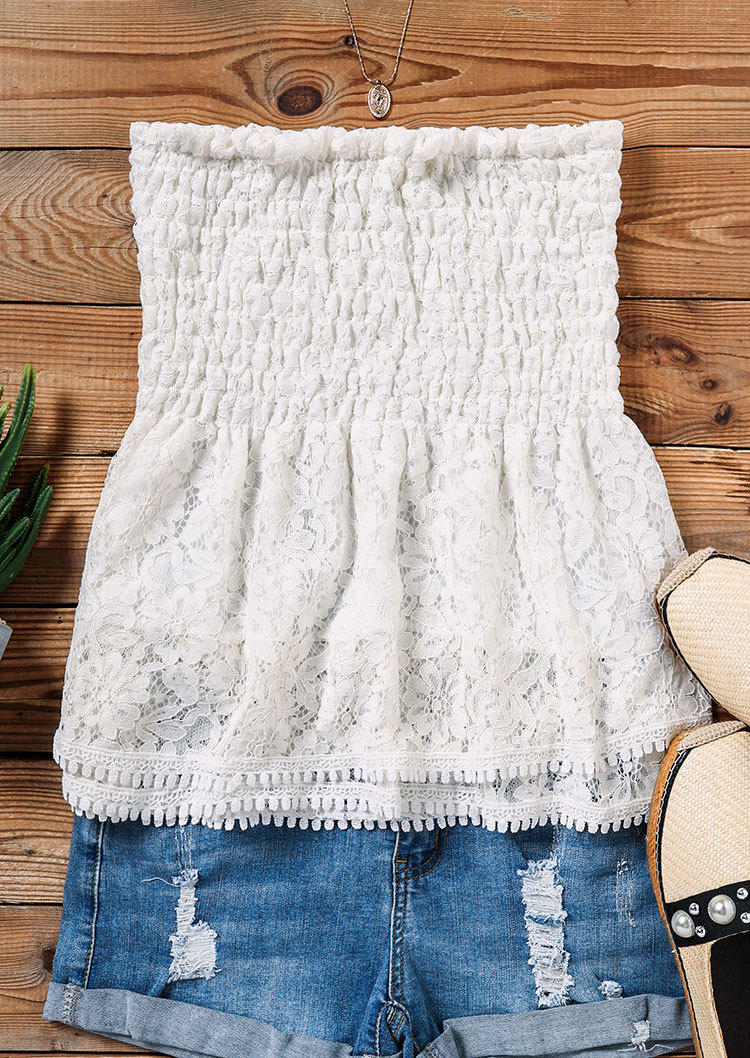 Lace Smocked Strapless Bandeau Tank - White