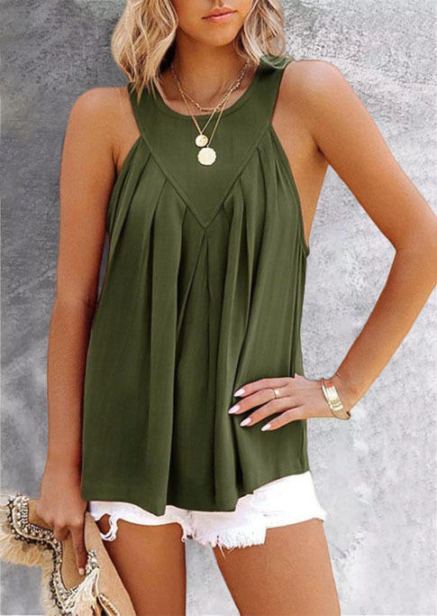 Tank Tops Ruffled O-Neck Casual Tank Top in Army Green. Size: S,M