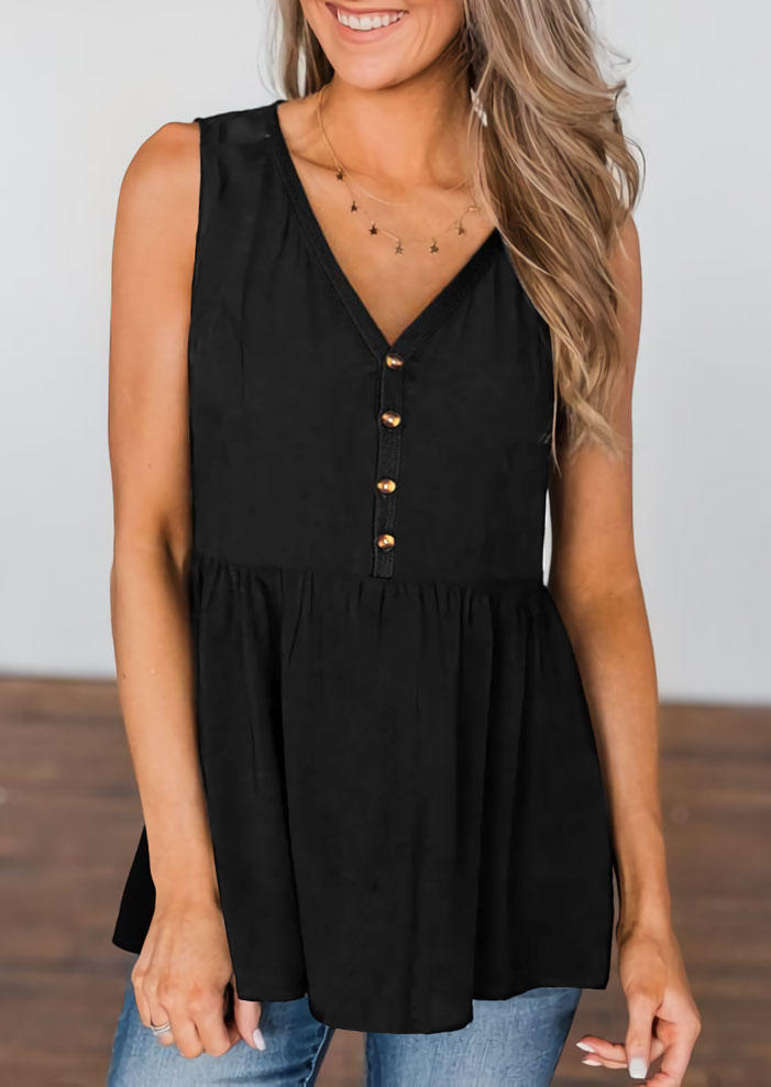 

Tank Tops Ruffled Button V-Neck Tank Top in Black. Size