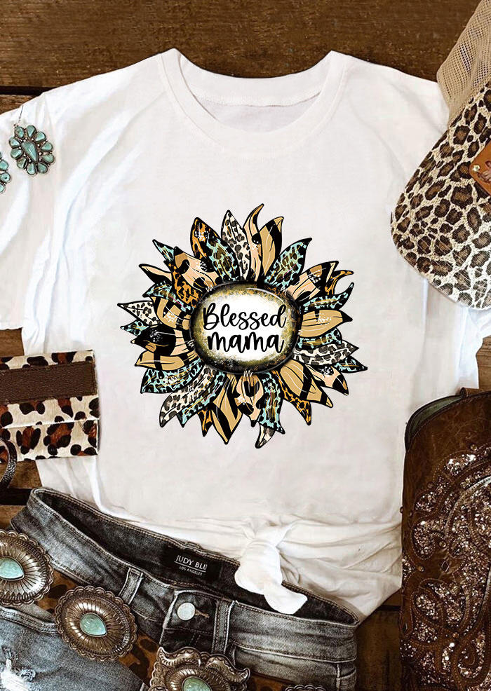 T-shirts Tees Blessed Mama Leopard Sunflower T-Shirt Tee in White. Size: S,M,L