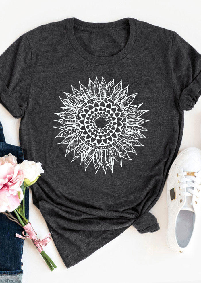 T-shirts Tees Mandala Sunflower O-Neck T-Shirt Tee in Dark Grey. Size: S