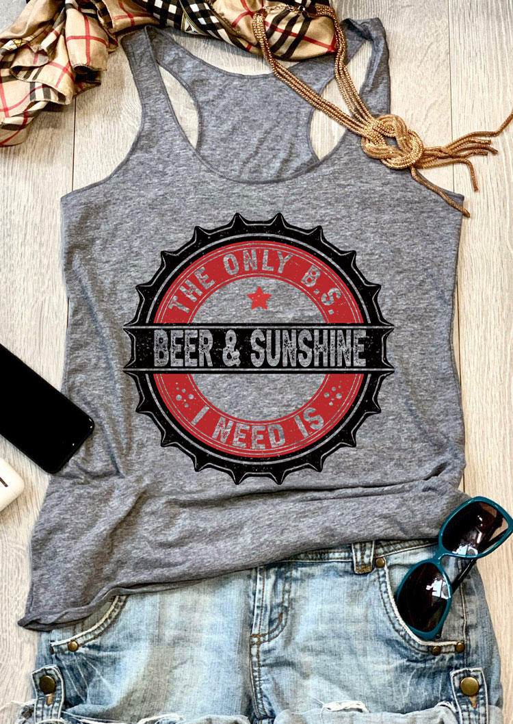 Tank Tops The Only B.S. I Need Is Beer & Sunshine Racerback Tank Top in Gray. Size: XL