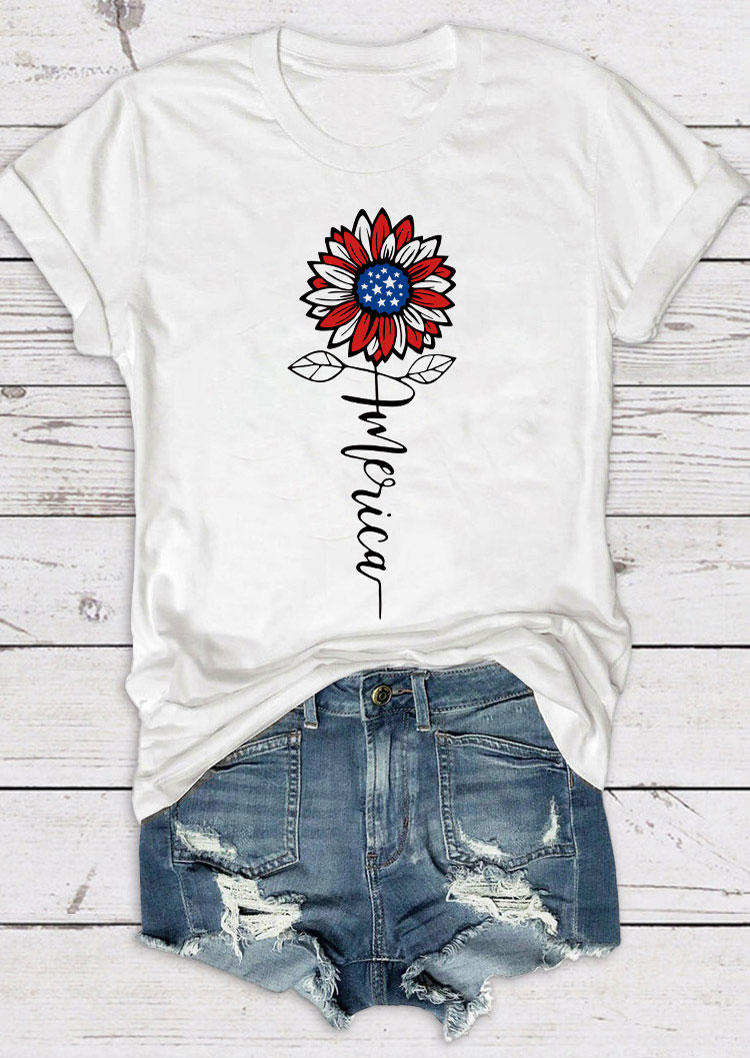 T-shirts Tees America Sunflower O-Neck T-Shirt Tee in White. Size: S,M,L,XL