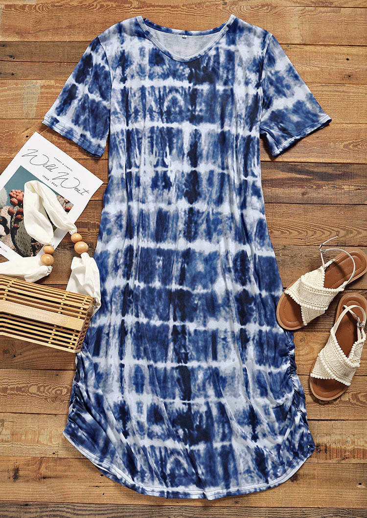Midi Dresses Tie Dye Ruffled Pocket Midi Dress in Blue. Size: S,L,XL