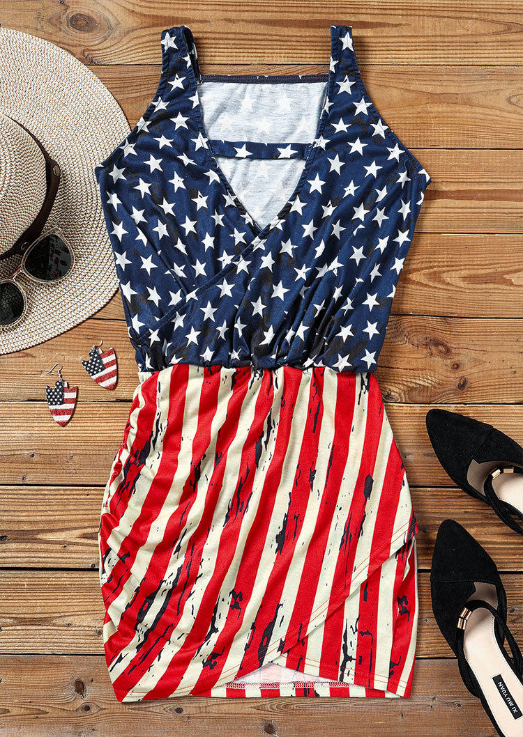 Mini Dresses American Flag Hollow Out Wrap Mini Dress in Multicolor. Size: L,M,S,XL