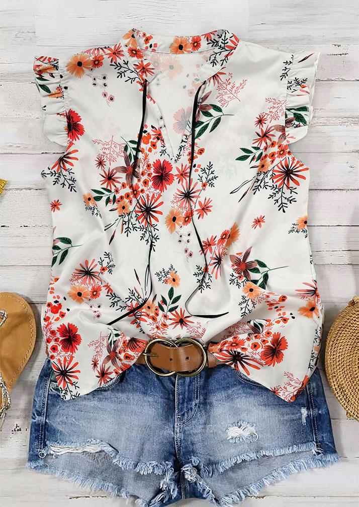 

Tank Tops Floral Ruffled Notched Neck Tank Top in White. Size